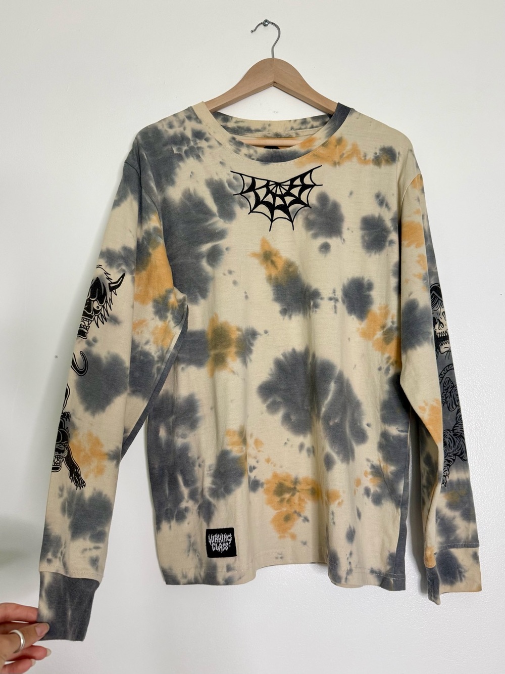Lurking Class Tie-Dye Crewneck Sweater with Web Graphic - Cream, Gray & Orange